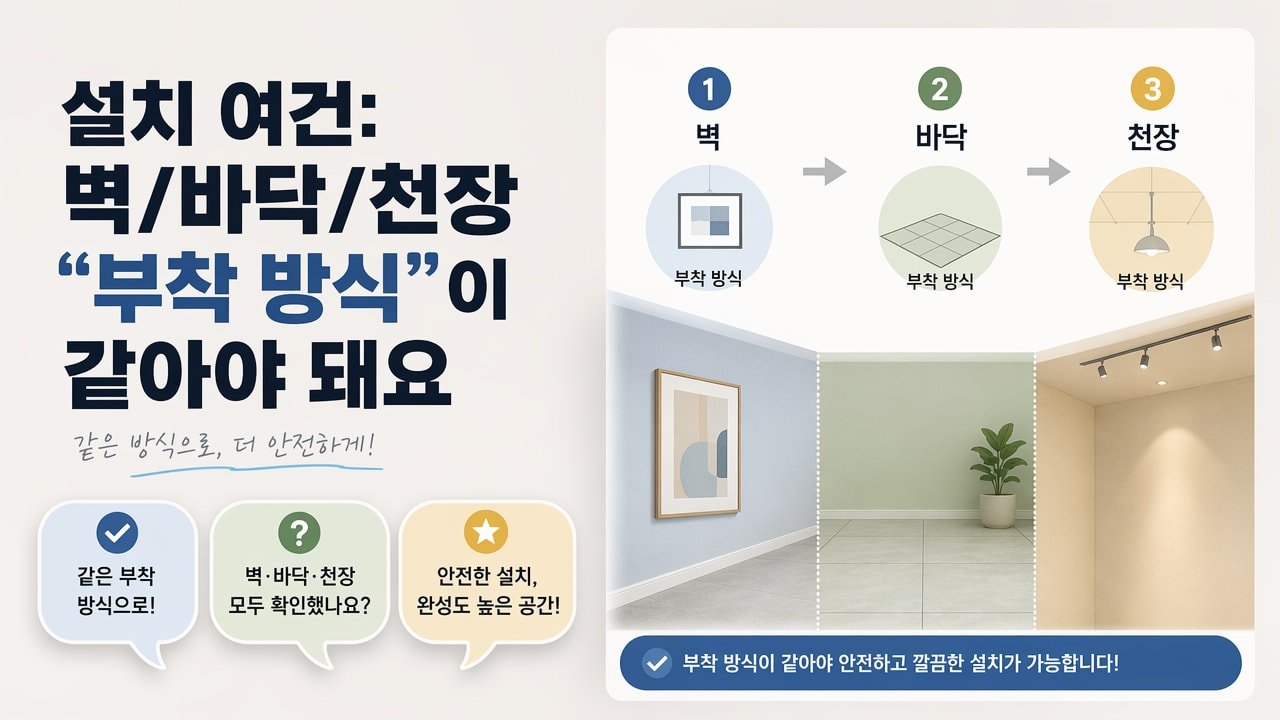 설치 여건: 벽/바닥/천장 “부착 방식”이 같아야 돼요