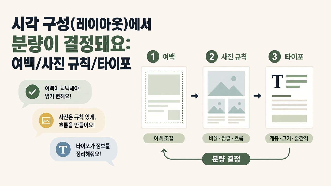 시각 구성(레이아웃)에서 분량이 결정돼요: 여백/사진 규칙/타이포